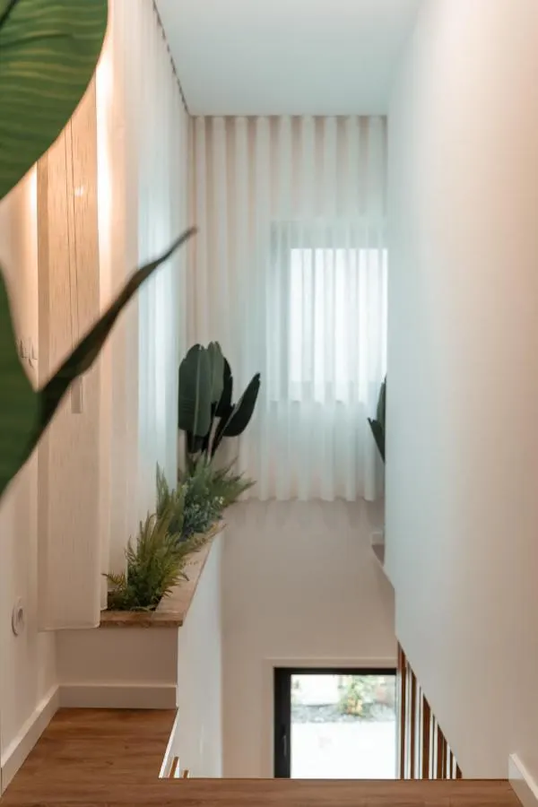 Corredor interior com cortinas em linho e plantas tropicais